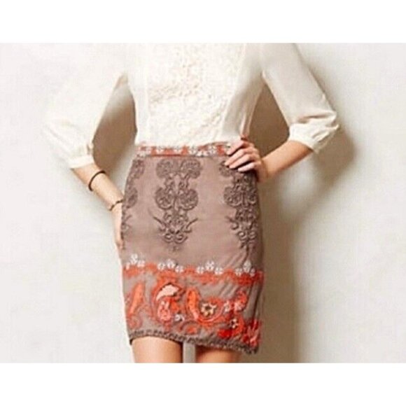 Anthropologie Dresses & Skirts - Anthropologie Yoana Baraschi Coffee Orange White Embroidered Skirt Women's SZ 4